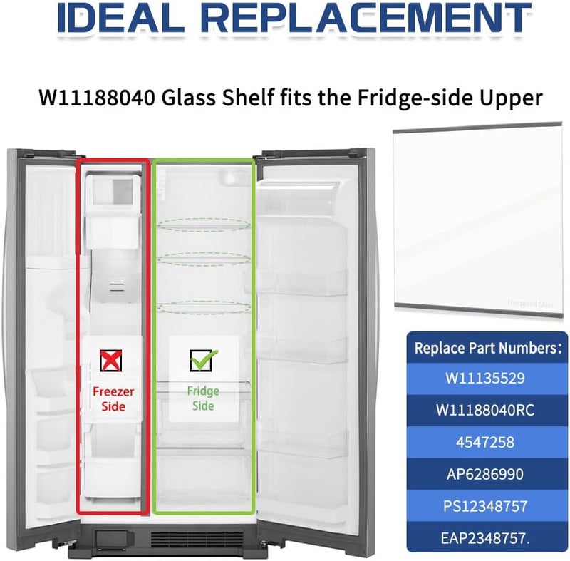 KOZHOM [Upgraded] W11188040 Refrigerator Fresh Food Glass Shelf (Upper) fit for Whirlpool/Maytag Refrigerators, Replaces W11135529, 4547258, AP6286990, PS12348757 (1 Pack) - Image 2